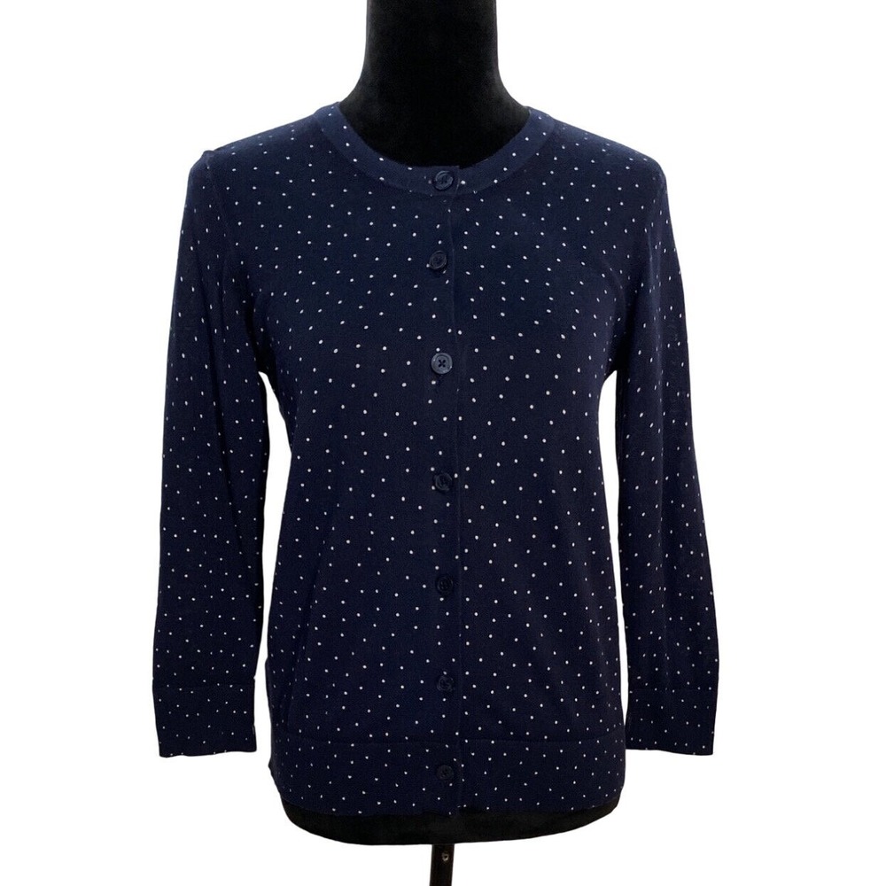 NWT LOFT Cardigan SMALL Navy Blue White Polka Dot 3/4 Sl Sweater Business Casual